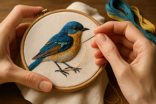 Close-up of hands doing detailed hand embroidery of a colorful bird in an embroidery hoop, showcasing the artistry and craftsmanship of HanaVee’s hand-embroidered fashion and sustainable designs.