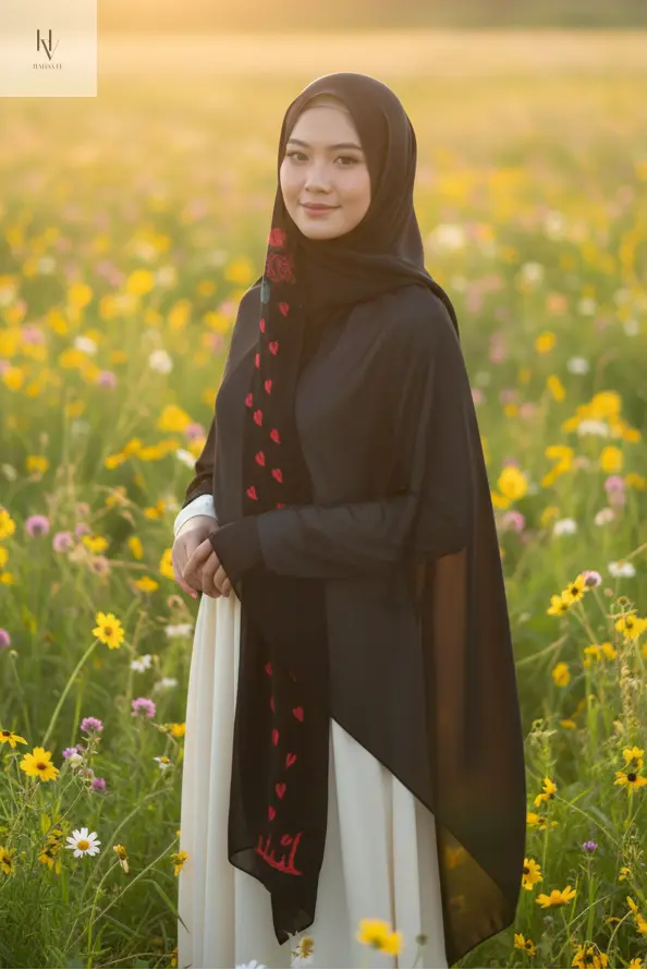 Woman in a hijab standing in a field of wildflowers at sunset
