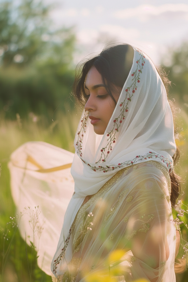 Woman wearing a white headscarf in a field with greenery and flowers.